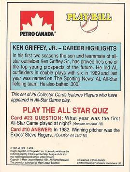 1991 Petro Canada All-Star FanFest Standups #23 Ken Griffey Jr. Back