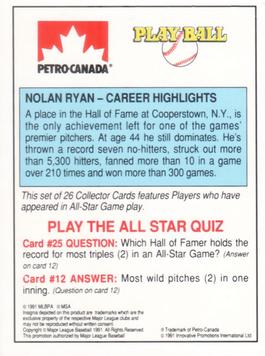 1991 Petro Canada All-Star FanFest Standups #25 Nolan Ryan Back
