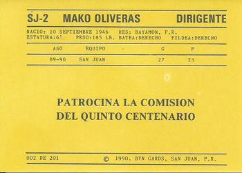 1989-90 BYN Puerto Rican Winter League #2 Mako Oliveras Back