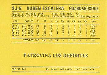 1989-90 BYN Puerto Rican Winter League #6 Ruben Escalera Back