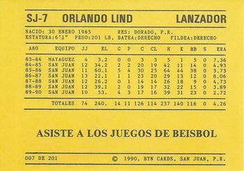 1989-90 BYN Puerto Rican Winter League #7 Orlando Lind Back