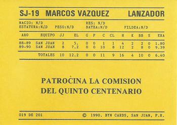 1989-90 BYN Puerto Rican Winter League #19 Marcos Vazquez Back