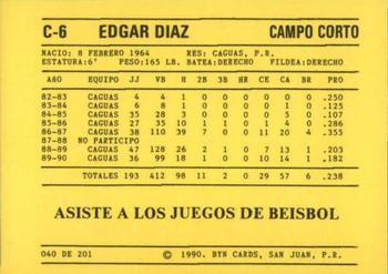 1989-90 BYN Puerto Rican Winter League #40 Edgar Diaz Back
