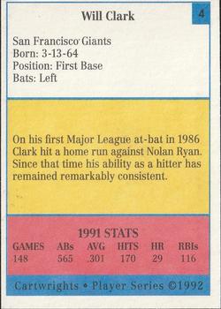 1992 Cartwrights Players Choice #4 Will Clark Back