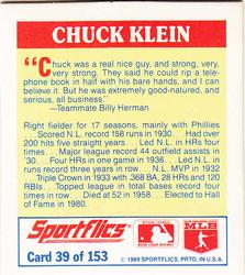 1989 Sportflics - The Unforgetables #39 Chuck Klein Back