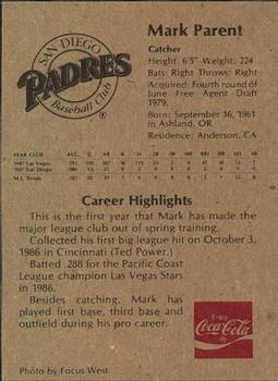 1988 Coca-Cola San Diego Padres Junior Club #NNO Mark Parent Back
