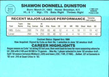 1986 Donruss #311 Shawon Dunston Back