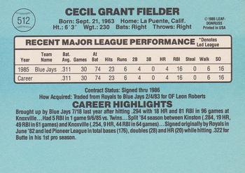 1986 Donruss #512 Cecil Fielder Back