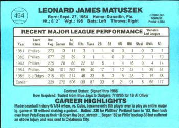 1986 Donruss #494 Len Matuszek Back