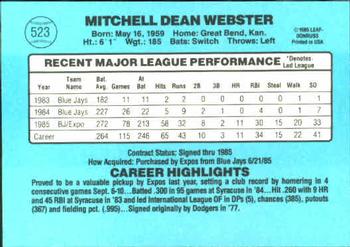 1986 Donruss #523 Mitch Webster Back