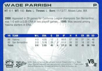2001 Multi-Ad Vero Beach Dodgers #9 Wade Parrish Back