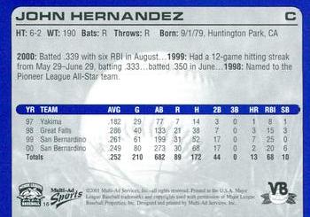 2001 Multi-Ad Vero Beach Dodgers #16 John Hernandez Back
