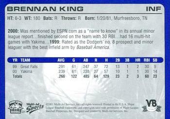 2001 Multi-Ad Vero Beach Dodgers #21 Brennan King Back