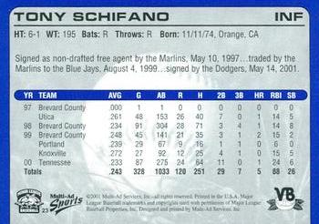 2001 Multi-Ad Vero Beach Dodgers #23 Tony Schifano Back