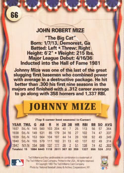 1993 Ted Williams #66 Johnny Mize Back