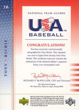2005 Upper Deck USA Baseball 2004 National Team - National Team Alumni Signatures Red #TR Tony Richie Back