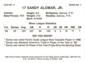 1989 San Diego Padres #2 Sandy Alomar, Jr. Back