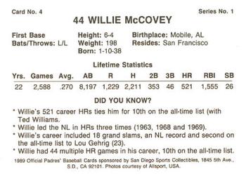 1989 San Diego Padres #4 Willie McCovey Back