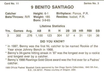 1989 San Diego Padres #11 Benito Santiago Back