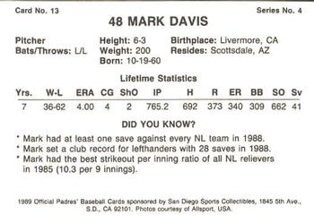 1989 San Diego Padres #13 Mark Davis Back