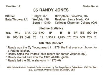 1989 San Diego Padres #16 Randy Jones Back