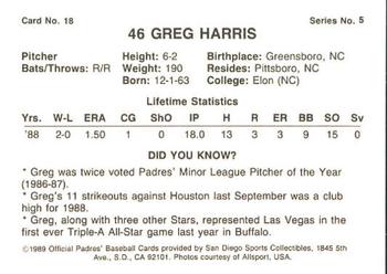 1989 San Diego Padres #18 Greg Harris Back