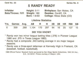 1989 San Diego Padres #23 Randy Ready Back