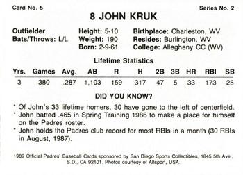 1989 San Diego Padres #5 John Kruk Back