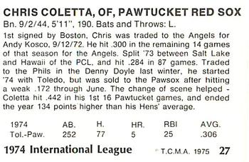 1975 TCMA International League All-Stars #27 Chris Coletta Back