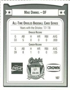 1991 Crown/Coca-Cola Baltimore Orioles #107 Mike Dimmel Back
