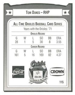 1991 Crown/Coca-Cola Baltimore Orioles #115 Tom Dukes Back