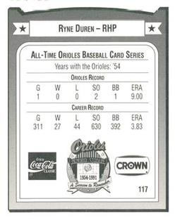 1991 Crown/Coca-Cola Baltimore Orioles #117 Ryne Duren Back