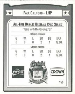 1991 Crown/Coca-Cola Baltimore Orioles #156 Paul Gilliford Back