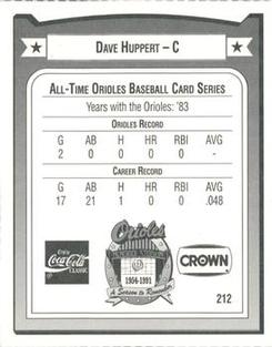 1991 Crown/Coca-Cola Baltimore Orioles #212 Dave Huppert Back