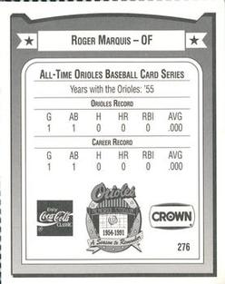 1991 Crown/Coca-Cola Baltimore Orioles #276 Roger Marquis Back