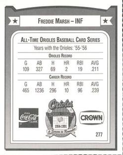 1991 Crown/Coca-Cola Baltimore Orioles #277 Freddie Marsh Back