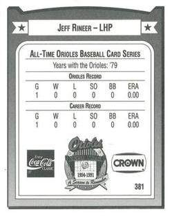 1991 Crown/Coca-Cola Baltimore Orioles #381 Jeff Rineer Back