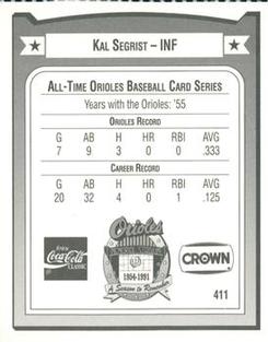 1991 Crown/Coca-Cola Baltimore Orioles #411 Kal Segrist Back