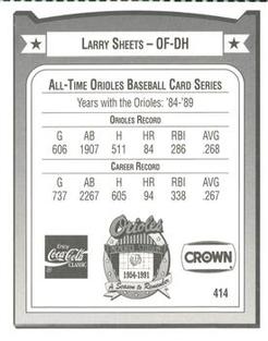 1991 Crown/Coca-Cola Baltimore Orioles #414 Larry Sheets Back