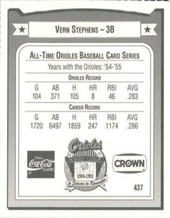 1991 Crown/Coca-Cola Baltimore Orioles #437 Vern Stephens Back