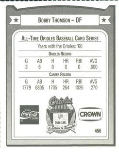 1991 Crown/Coca-Cola Baltimore Orioles #456 Bobby Thomson Back