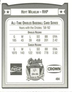 1991 Crown/Coca-Cola Baltimore Orioles #484 Hoyt Wilhelm Back