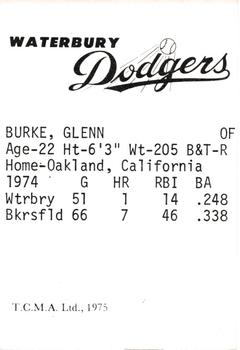1975 TCMA Waterbury Dodgers #NNO Glenn Burke Back
