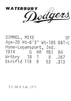 1975 TCMA Waterbury Dodgers #NNO Mike Dimmel Back