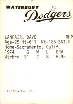 1975 TCMA Waterbury Dodgers #NNO Dave Lanfair Back