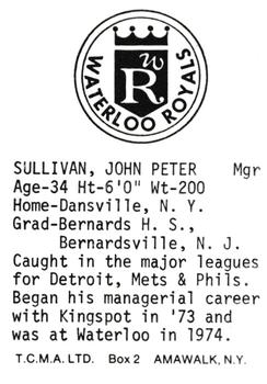 1975 TCMA Waterloo Royals #NNO John Sullivan Back
