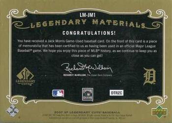 2007 SP Legendary Cuts - Legendary Materials #LM-JM1 Jack Morris Back