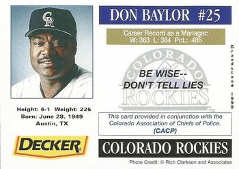 1998 Grandstand Colorado Rockies Police #NNO Don Baylor Back
