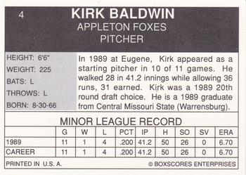 1990 Boxscores Appleton Foxes #4 Kirk Baldwin Back