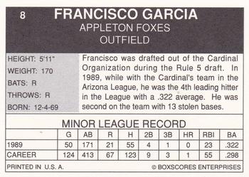 1990 Boxscores Appleton Foxes #8 Francisco Garcia Back